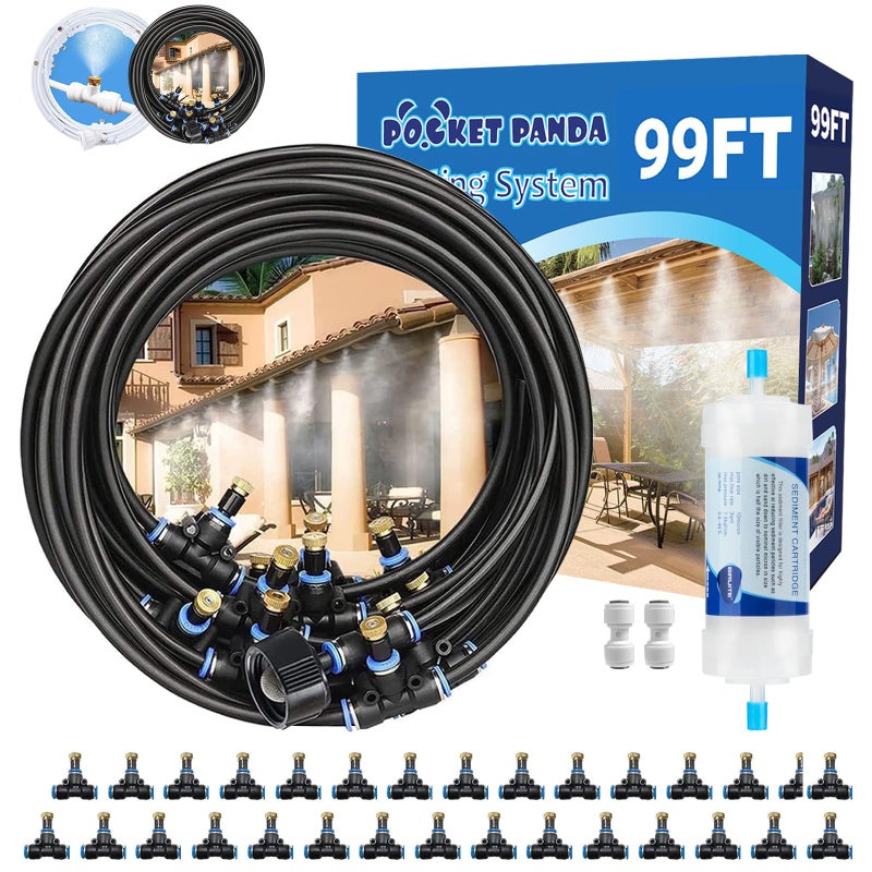 POCKET PANDA Misters for Outside Patio Outdoor Water Misting Cooling System w Filter99FT30M Backyard Mist Kit for Garden Greenhouse FanDeckUmbrellaCanopyPoolPorchTrampolineParkBBQ Party Accessories