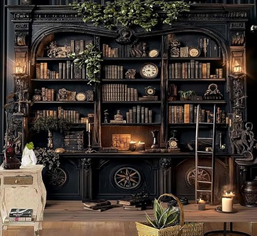 TUGCAY Vintage Bookshelf Tapestry, Medieval Gothic Bookcase Tapestry Spooky Library Tapestries Book Skull Backdrop for Bedroom Living Room Dorm Office Wall Decor 80’’ x 60’’ - Image 1