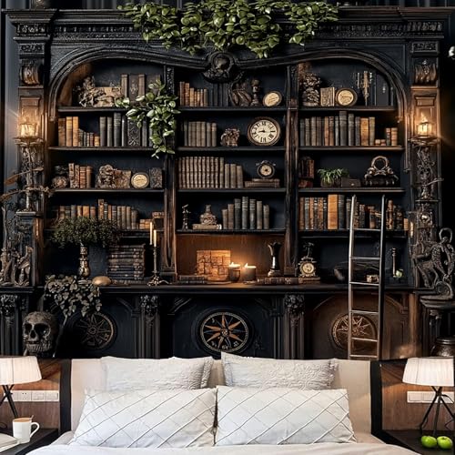 TUGCAY Vintage Bookshelf Tapestry, Medieval Gothic Bookcase Tapestry Spooky Library Tapestries Book Skull Backdrop for Bedroom Living Room Dorm Office Wall Decor 80’’ x 60’’ - Image 2