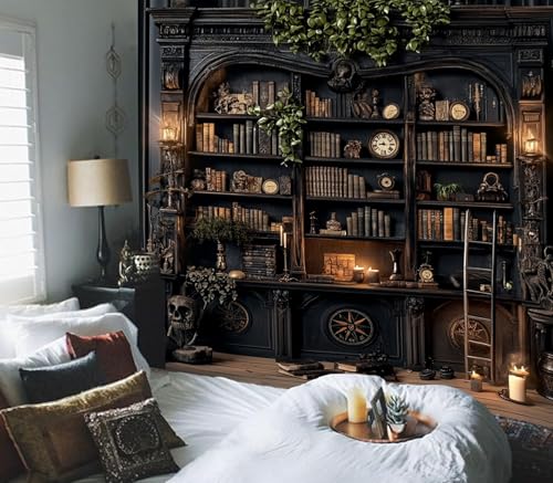 TUGCAY Vintage Bookshelf Tapestry, Medieval Gothic Bookcase Tapestry Spooky Library Tapestries Book Skull Backdrop for Bedroom Living Room Dorm Office Wall Decor 80’’ x 60’’ - Image 3