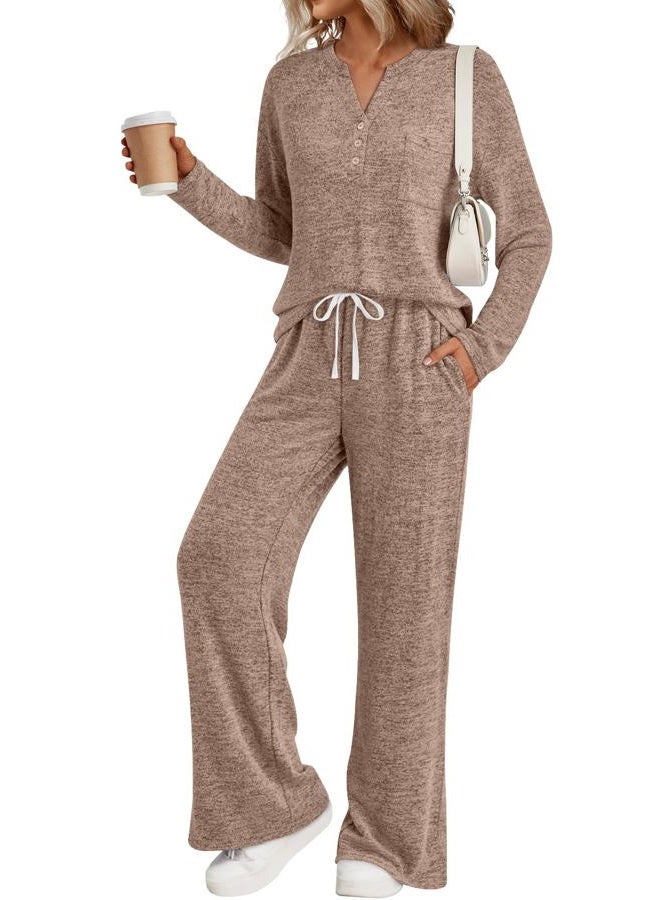 LILLUSORY Womens 2 Piece Lounge Sets Winter Outfits 2025 Sweatsuit Matching Pjs Airport Vacation Travel Fall Pajamas Fashion, Coffee Brown, L - Image 1