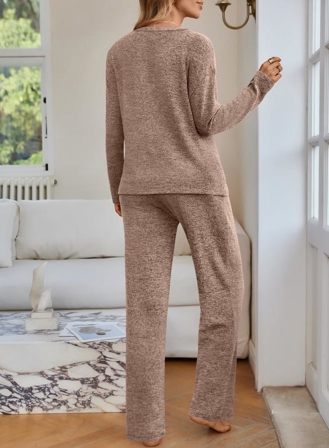 LILLUSORY Womens 2 Piece Lounge Sets Winter Outfits 2025 Sweatsuit Matching Pjs Airport Vacation Travel Fall Pajamas Fashion, Coffee Brown, L - Image 4