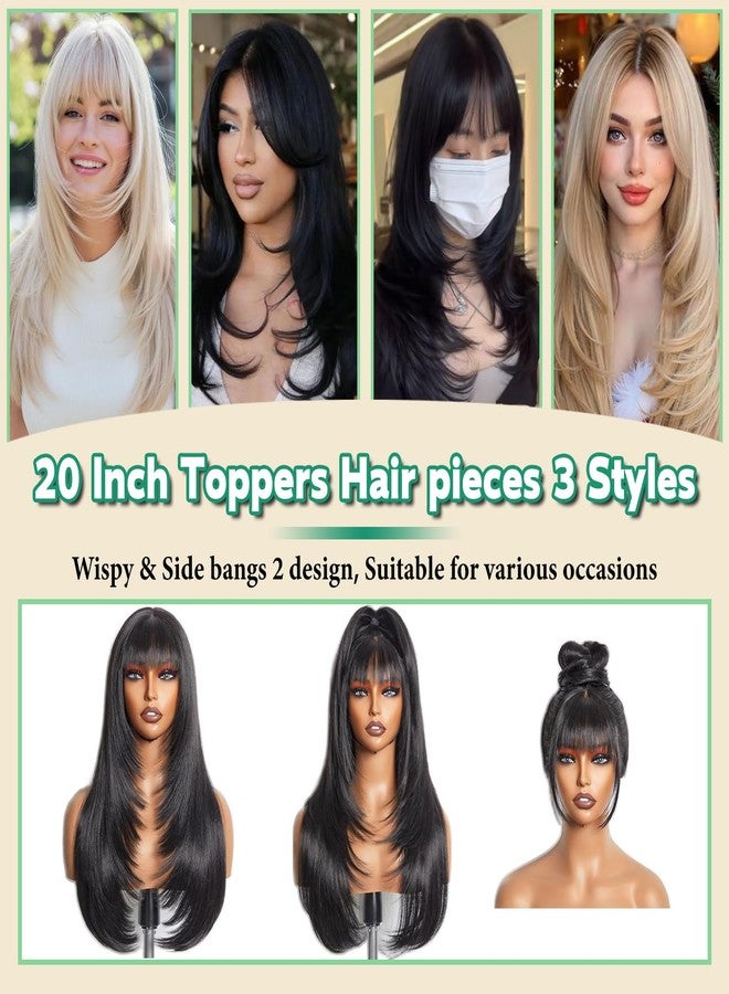 ELEVAVE Hair Toppers for Women with Thinning Hair, 20 Inch Toppers Hairpieces for Women Clip in Bangs 360° 3D Realistic Scalp (Black, Wispy Bangs) - Image 5