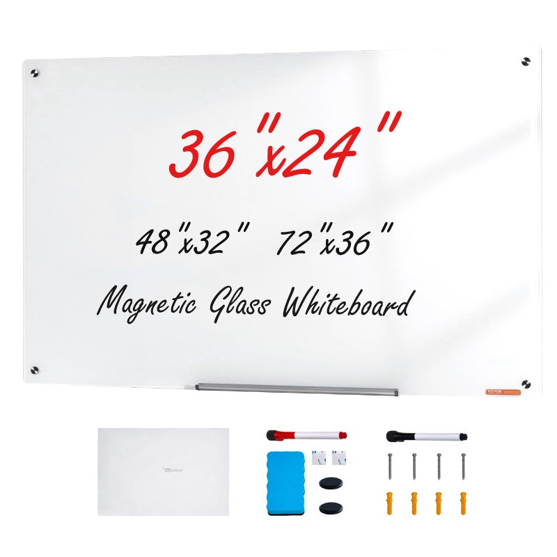 لوحة بيضاء زجاجية مغناطيسية من VEVOR 36x24 مثبتة على الحائط لوحة زجاجية كبيرة بدون إطار مع صينية أقلام وممحاة و2 قلم أسود