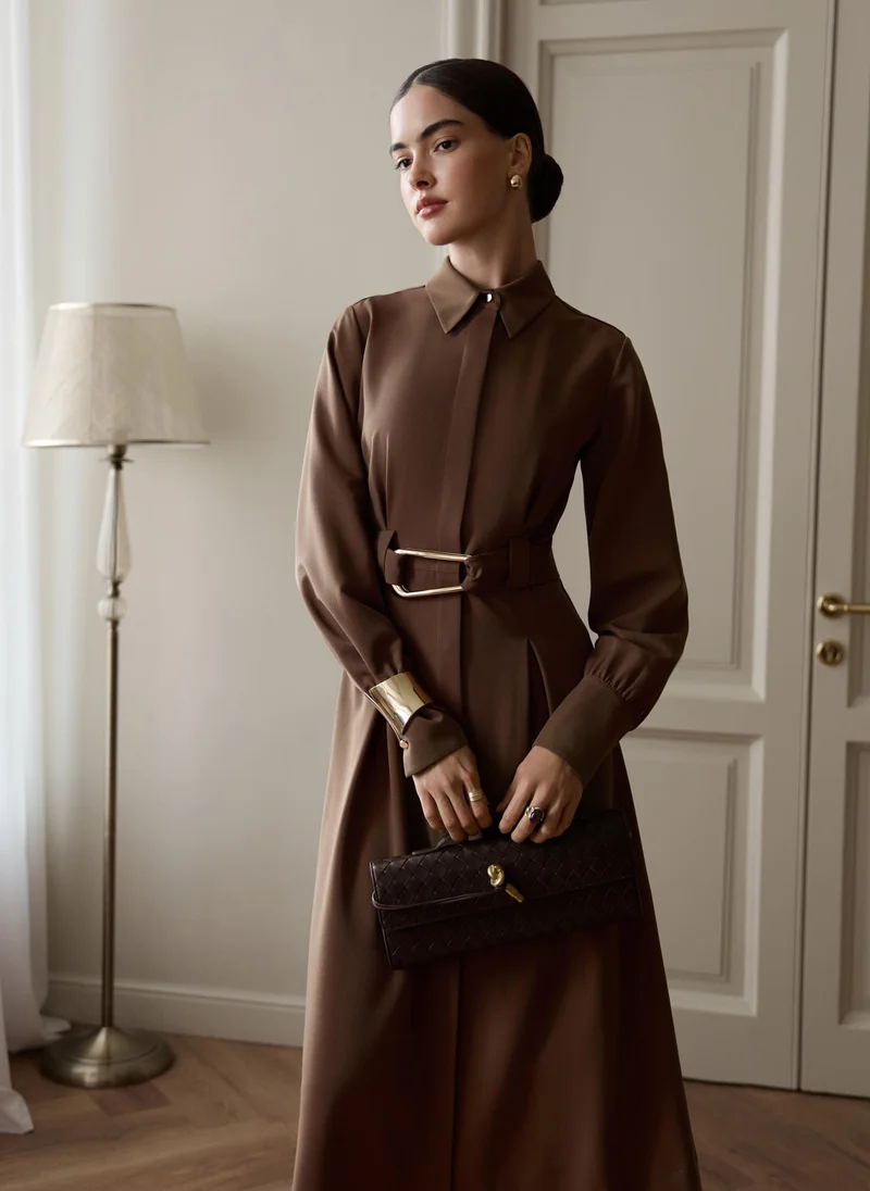 Lichi  Midi dress with waist pleats and wide belt for Women | Best Price UAE