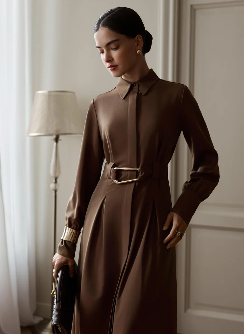 Lichi  Midi dress with waist pleats and wide belt for Women | Best Price UAE