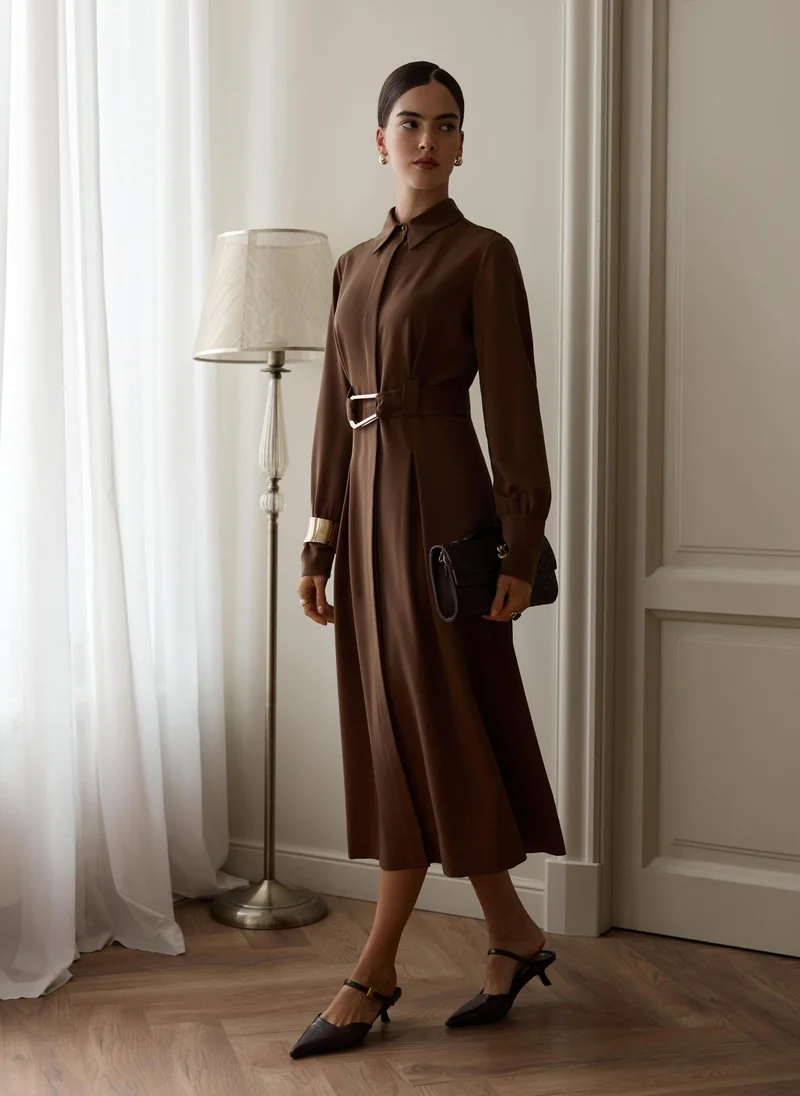Lichi  Midi dress with waist pleats and wide belt for Women | Best Price UAE