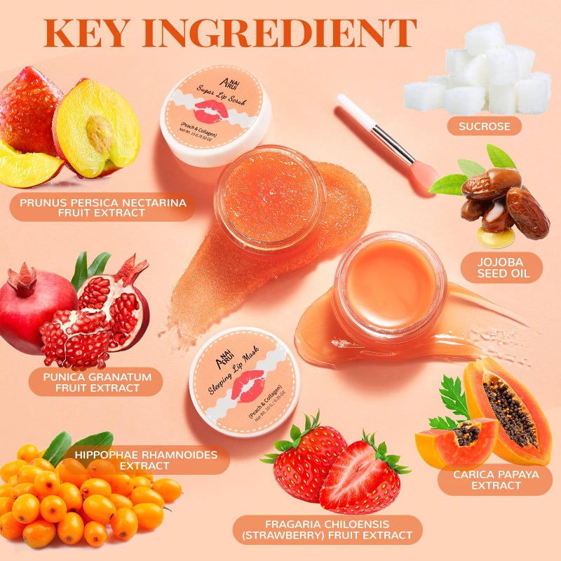 ANAI RUI Lip Care Kit - Mask & Scrub Set, Gift for Mother Girls, Overnight Treatment With Sleeping Mask & Sugar Exfoliator, Moisturizer for Dry, Chapped, Dark Lips, Peach - Image 2