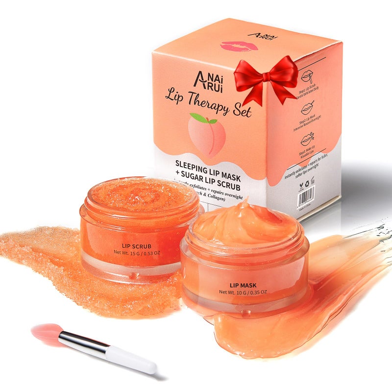 ANAI RUI Lip Care Kit - Mask & Scrub Set, Gift for Mother Girls, Overnight Treatment With Sleeping Mask & Sugar Exfoliator, Moisturizer for Dry, Chapped, Dark Lips, Peach - Image 1