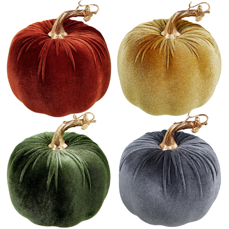 Winlyn 4 Pcs Assorted Faux Rustic Harvest Velvet Pumpkins Decorative Fabric Pumpkins Foam Pumpkins in Rust Gold Olive Gray 5"" for Farmhouse Fall Wedding Thanksgiving Halloween Table Centerpiece D?cor - Image 1