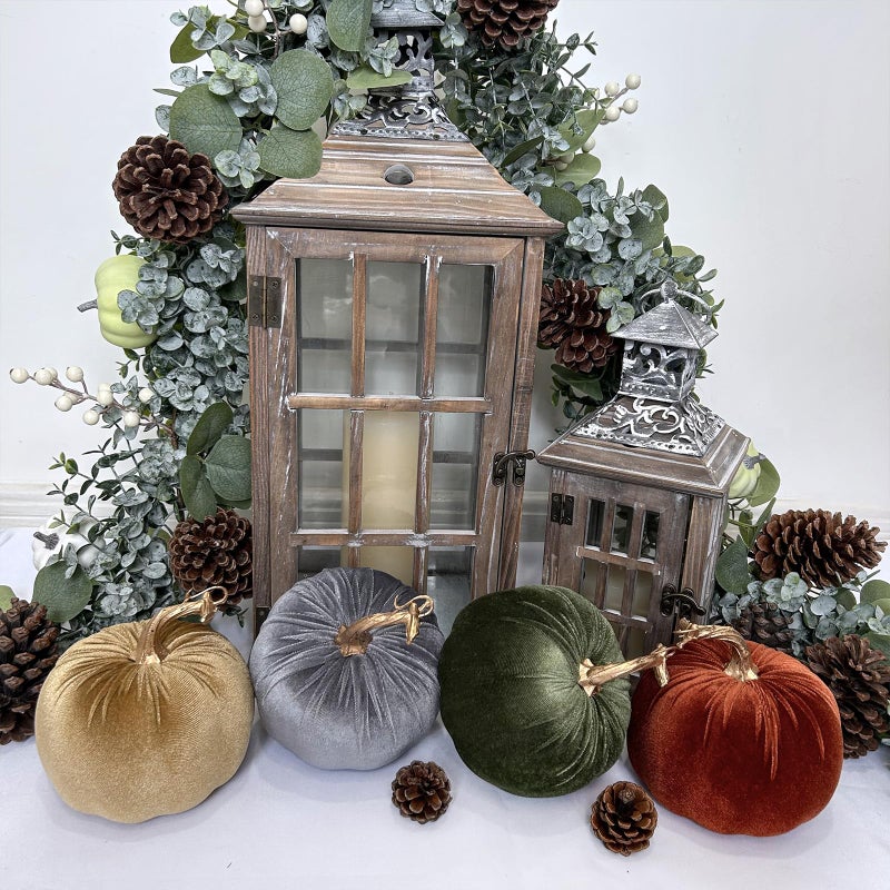 Winlyn 4 Pcs Assorted Faux Rustic Harvest Velvet Pumpkins Decorative Fabric Pumpkins Foam Pumpkins in Rust Gold Olive Gray 5"" for Farmhouse Fall Wedding Thanksgiving Halloween Table Centerpiece D?cor - Image 5