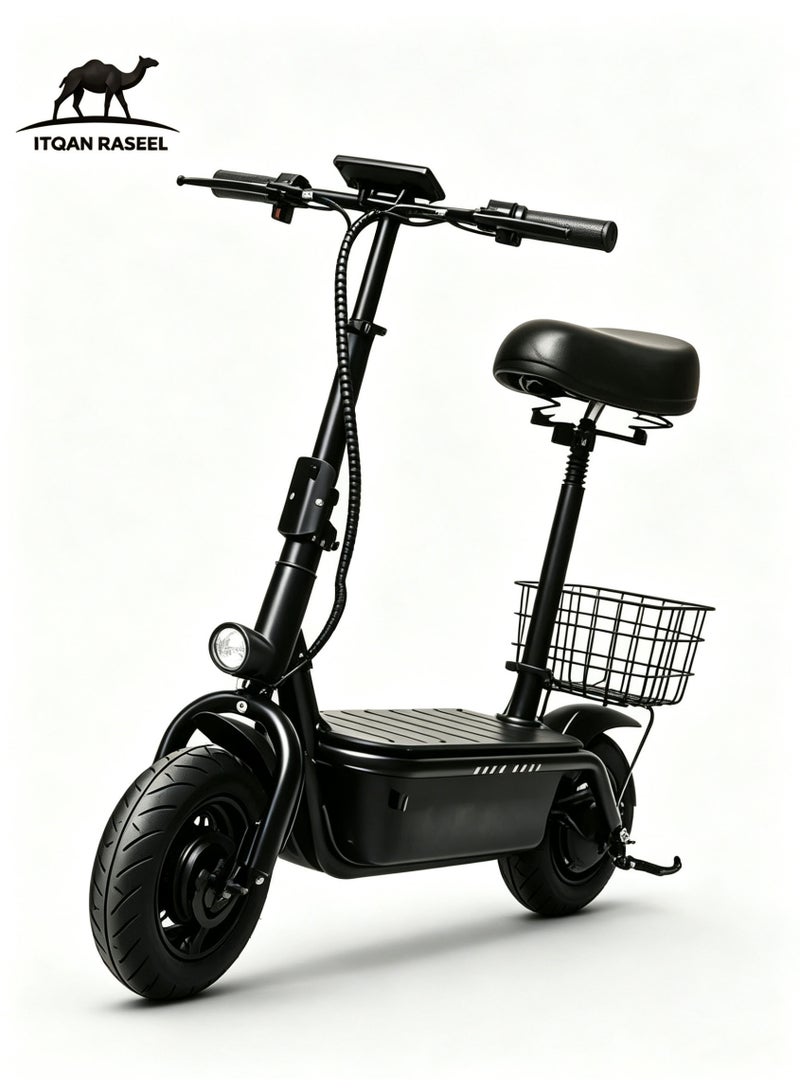 ITQAN RASEEL Foldable E Scooter、E-Bike (with Basket) | 30km Extended Range | 350W Grade A+ Motor | 36V 12Ah Battery | Max Speed ​​25 km/h | 120kg Load Capacity | Digital Display & LED Lighting | Portable E-Bike/Scooter Ideal for Daily Commuting - Image 1