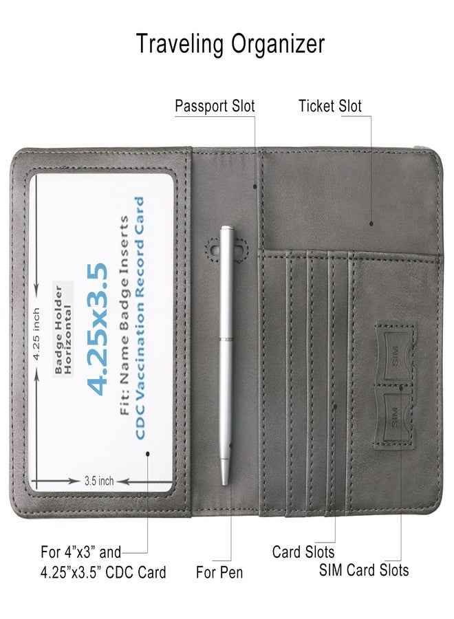 وول نيو محفظة سفر WALNEW تجمع بين حامل جواز السفر وحامل بطاقة اللقاح، مصنوعة من جلد البولي يوريثان المقاوم لتقنية RFID، مع فتحة لحماية بطاقة اللقاح، لون رمادي. - Image 3