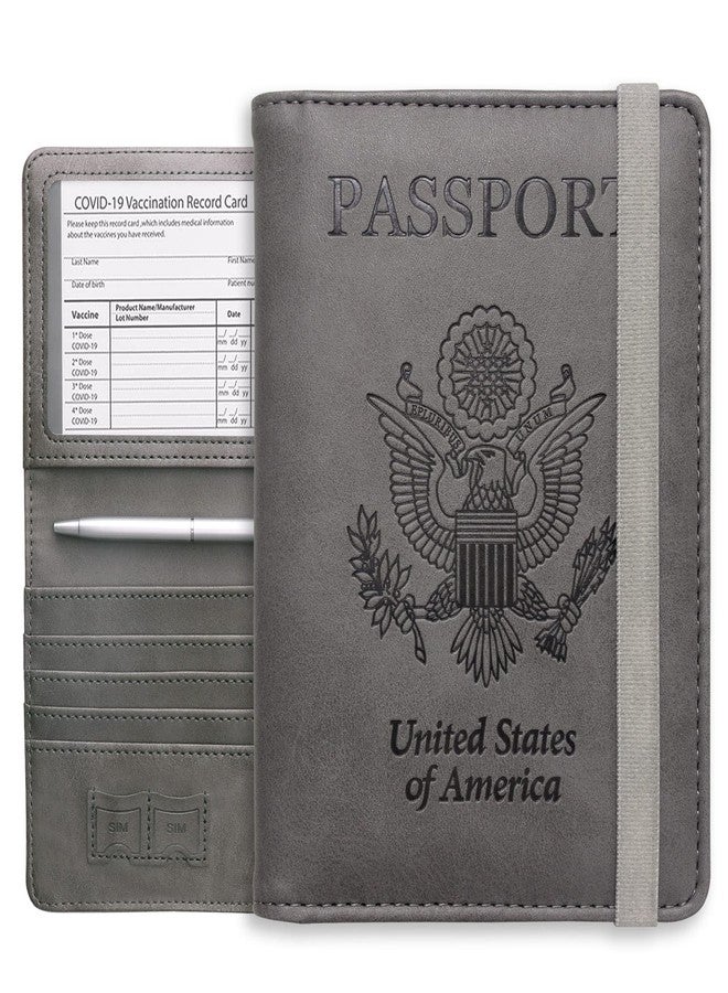 وول نيو محفظة سفر WALNEW تجمع بين حامل جواز السفر وحامل بطاقة اللقاح، مصنوعة من جلد البولي يوريثان المقاوم لتقنية RFID، مع فتحة لحماية بطاقة اللقاح، لون رمادي. - Image 1