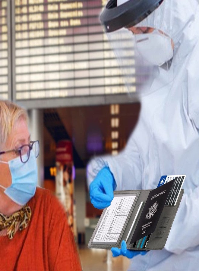 وول نيو محفظة سفر WALNEW تجمع بين حامل جواز السفر وحامل بطاقة اللقاح، مصنوعة من جلد البولي يوريثان المقاوم لتقنية RFID، مع فتحة لحماية بطاقة اللقاح، لون رمادي. - Image 2