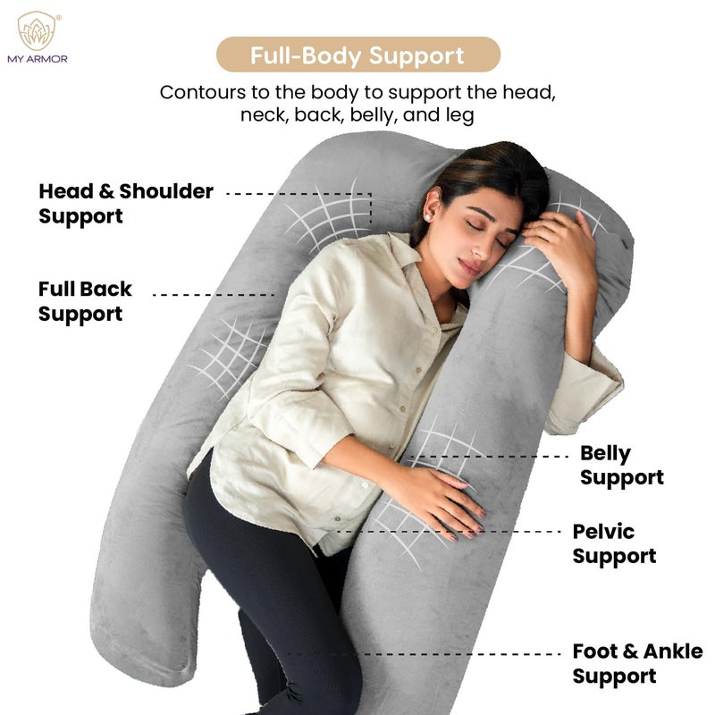 MY ARMOR وسادة الحمل MY ARMOR للنساء شكل U وسادة الأمومة وسادة للنساء الحوامل ضمان 3 أشهر غلاف مخمل فاخر رمادي - Image 4