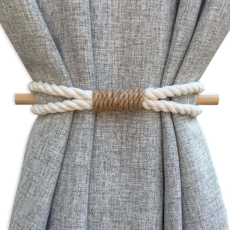 warmtone Curtain Tiebacks Rustic Holdbacks for Drapes, Farmhouse Tie Backs for Curtains, Cotton Jute Rope with Wood Club, Natural Boho Decor Shabby Chic Drapery Holder, Pack-2 - Image 1