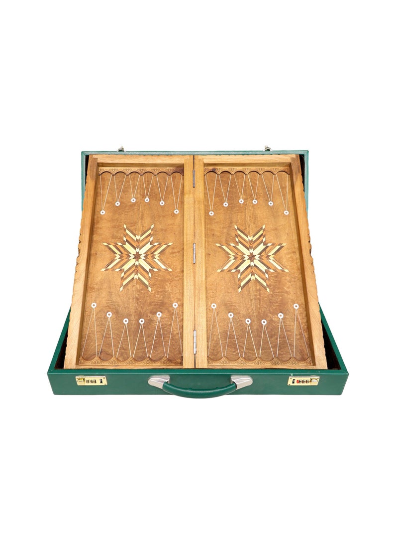 Handcrafted Walnut Wood Backgammon Set with Green Leather Case - Image 1