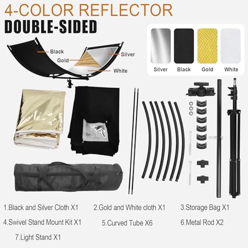 MCCKLE Clamshell Light Reflector Diffuser with Stand and Carrying Bag, 70"x24"/180x60cm Arclight Curved Lighting Reflector for Photo Studio Photography with White/Gold/Silver/Black Colors by MCCKLE - Image 4
