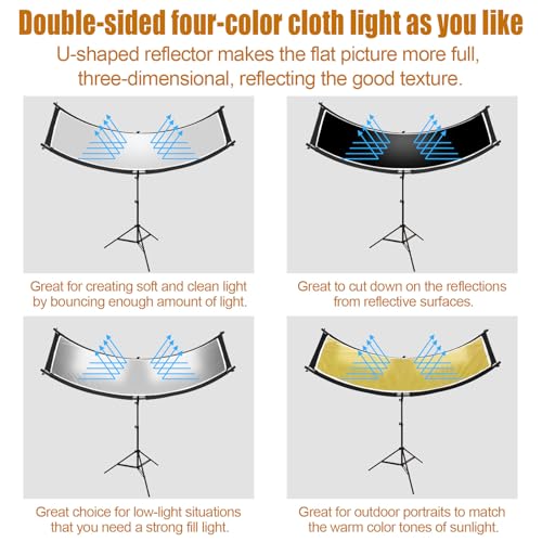 MCCKLE Clamshell Light Reflector Diffuser with Stand and Carrying Bag, 70"x24"/180x60cm Arclight Curved Lighting Reflector for Photo Studio Photography with White/Gold/Silver/Black Colors by MCCKLE - Image 2