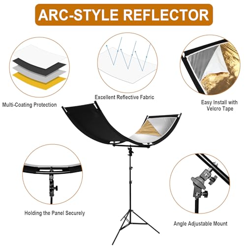 MCCKLE Clamshell Light Reflector Diffuser with Stand and Carrying Bag, 70"x24"/180x60cm Arclight Curved Lighting Reflector for Photo Studio Photography with White/Gold/Silver/Black Colors by MCCKLE - Image 5