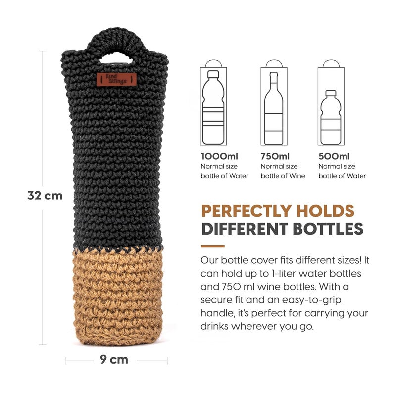 Kind Strings Cotton Bottle Bag Wine Bottle Gift Bag Handmade Eco-Friendly Crochet Knitted Water Bottle Cover for 1 Litre Bottles for Office & Travel (Black & Beige) - Image 2