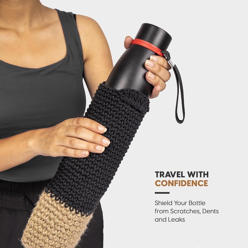 Kind Strings Cotton Bottle Bag Wine Bottle Gift Bag Handmade Eco-Friendly Crochet Knitted Water Bottle Cover for 1 Litre Bottles for Office & Travel (Black & Beige) - Image 4