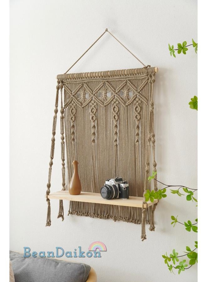 انتيكيانو رف معلق على الحائط بخيوط مكرمية.. ديكور حائط بوهيمي لغرفة النوم - فن جداري من حبل مكرمية منسوج كديكور لرف - Image 1