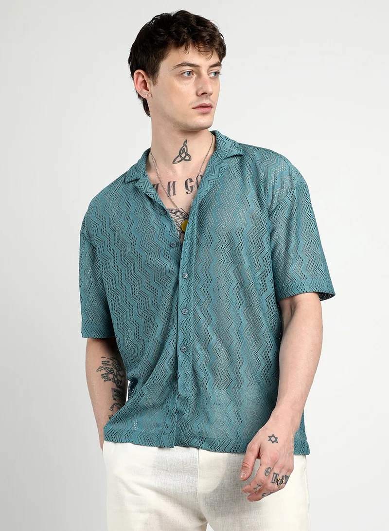 Campus Sutra Men's Teal Blue Oversized Zig-Zag Shirt For Casual Wear | Cuban Collar | Short Sleeve | Button Closure | Shirt Crafted With Comfort Fit For Everyday Wear