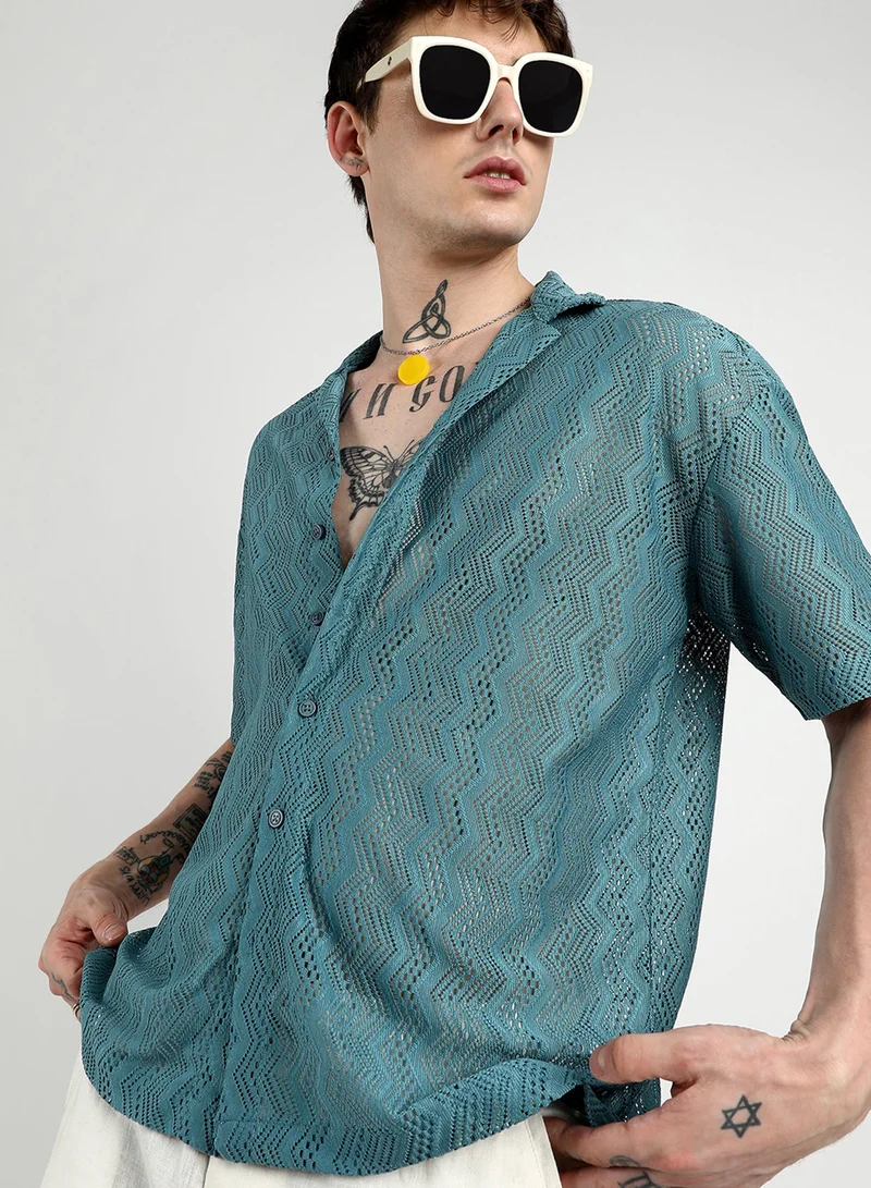 Campus Sutra Men's Teal Blue Oversized Zig-Zag Shirt For Casual Wear | Cuban Collar | Short Sleeve | Button Closure | Shirt Crafted With Comfort Fit For Everyday Wear