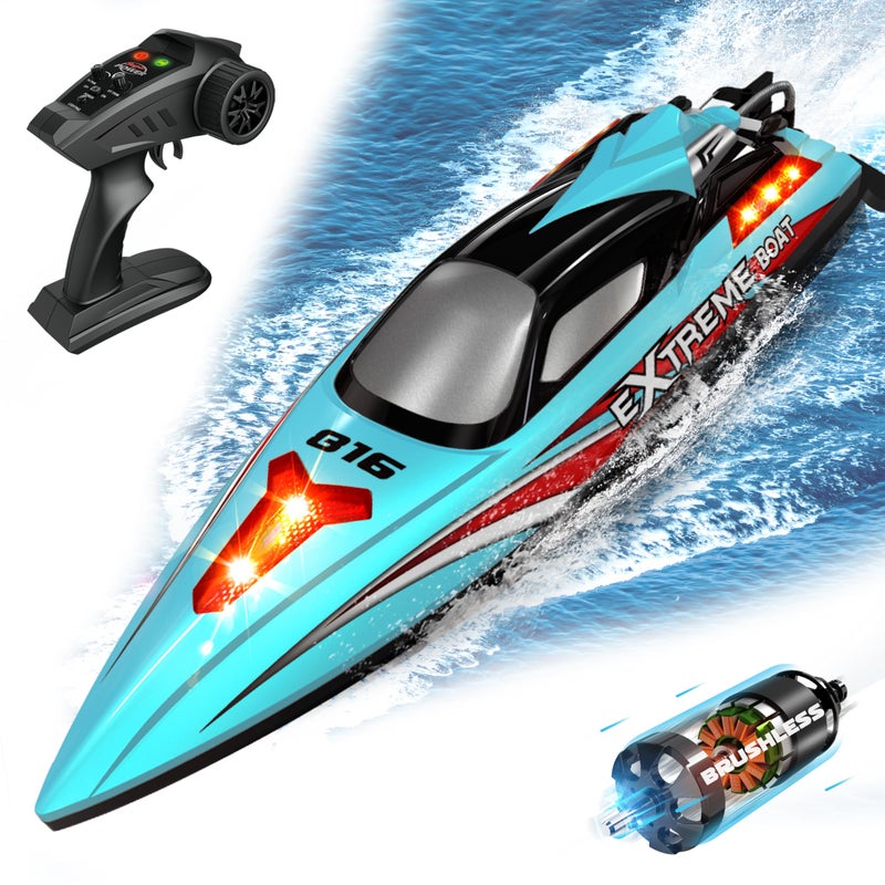 Levhorzn 34MPH Brushless RC Boat for Adults Kids with 2 Rechargable Batteries Large 19 Remote Control Boat Toy HJ816 Rc Speed Boats for Lakes Rivers Cyan - Image 2