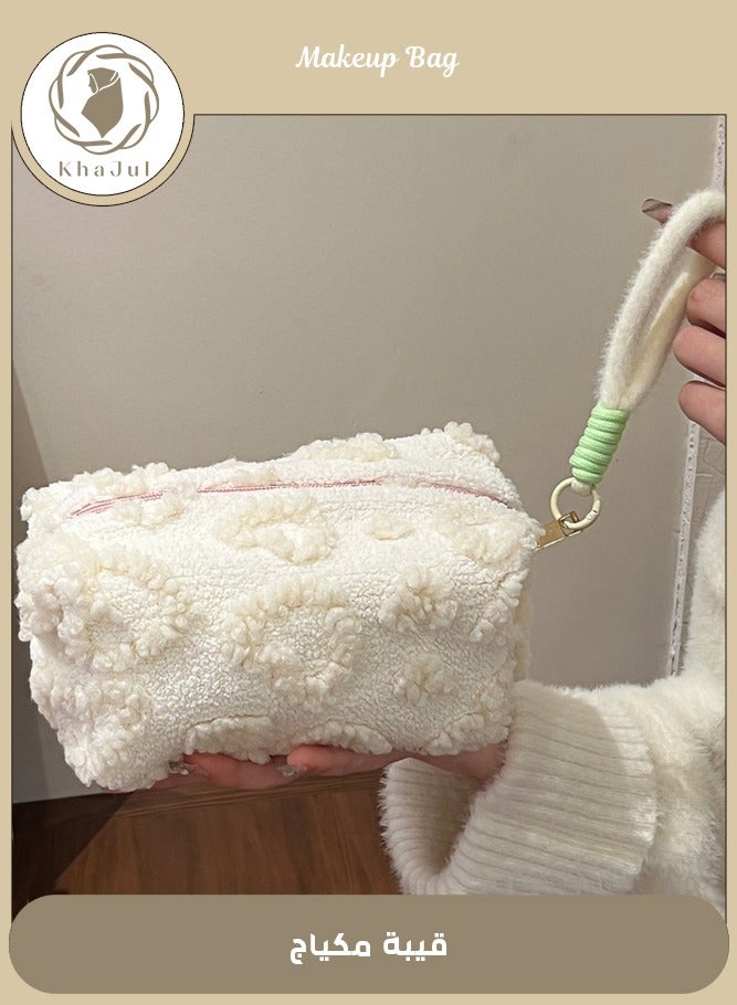 KHAJUL Beige Pillow Cosmetic Bag, Large Soft Quilted Makeup Pouch, Elegant Travel Organizer for Women - Image 1