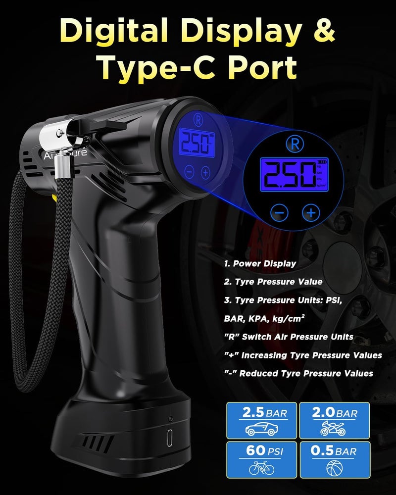 Ancipure Tyre Inflator Air Compressor with 6000mAh Battery and LED Light - Image 4