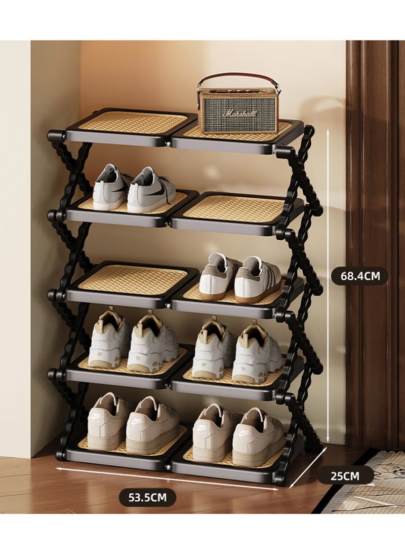 WALALLA Rattan Weave Design Dual Board 5 Layers Shoe Rack Foldable Shoes Organizer Free Standing Shelf for Entryway Closet Bedroom Hallway Natural Functional Multifunctional Shoe Rack - Image 2