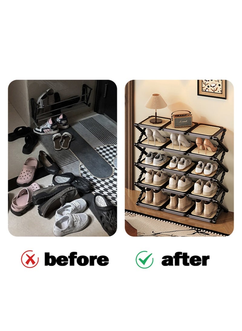 WALALLA Rattan Weave Design Dual Board 5 Layers Shoe Rack Foldable Shoes Organizer Free Standing Shelf for Entryway Closet Bedroom Hallway Natural Functional Multifunctional Shoe Rack - Image 5