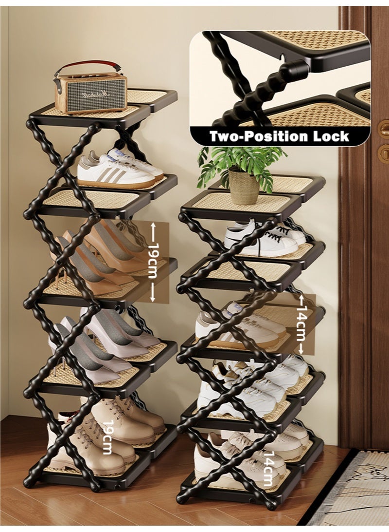 WALALLA Rattan Weave Design Dual Board 5 Layers Shoe Rack Foldable Shoes Organizer Free Standing Shelf for Entryway Closet Bedroom Hallway Natural Functional Multifunctional Shoe Rack - Image 3