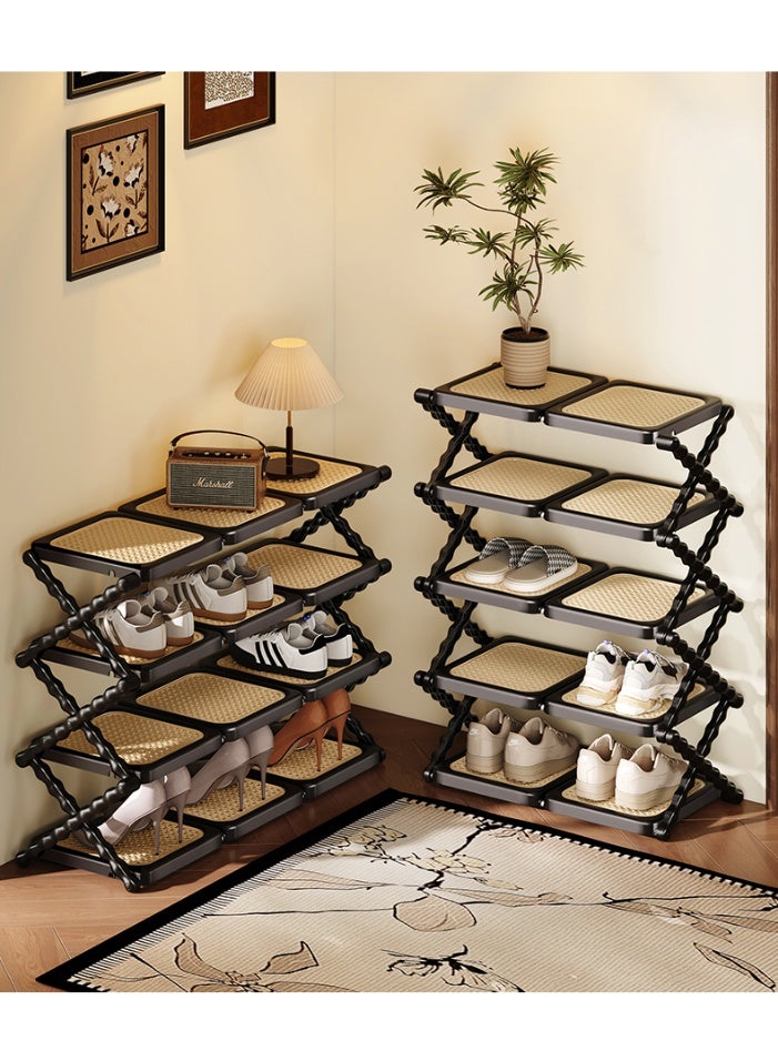 WALALLA Rattan Weave Design Dual Board 5 Layers Shoe Rack Foldable Shoes Organizer Free Standing Shelf for Entryway Closet Bedroom Hallway Natural Functional Multifunctional Shoe Rack - Image 4