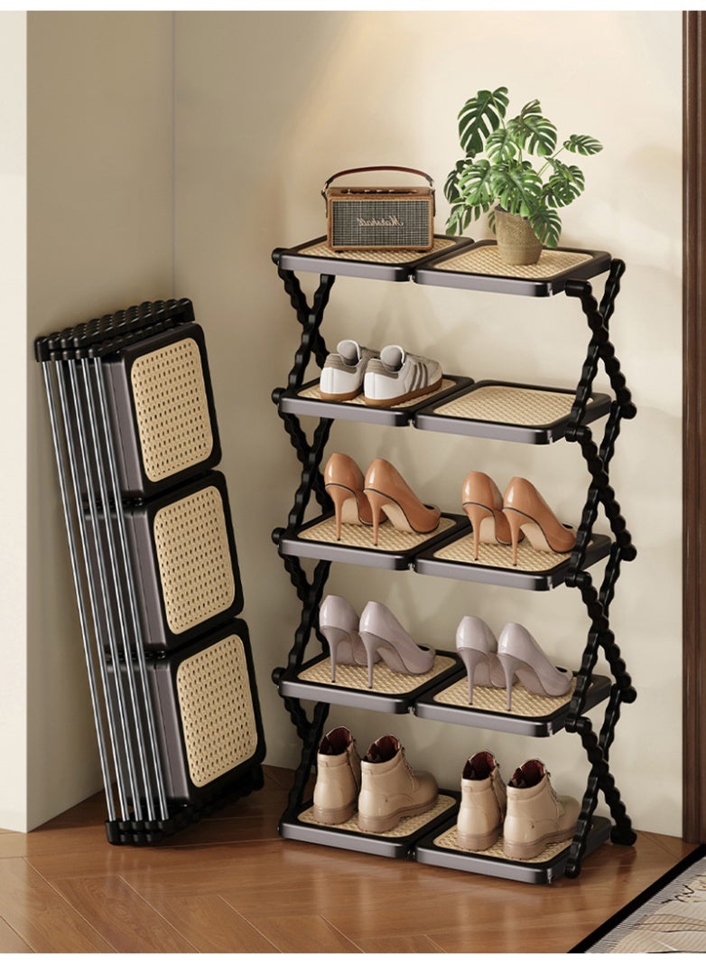 WALALLA Rattan Weave Design Dual Board 5 Layers Shoe Rack Foldable Shoes Organizer Free Standing Shelf for Entryway Closet Bedroom Hallway Natural Functional Multifunctional Shoe Rack - Image 1