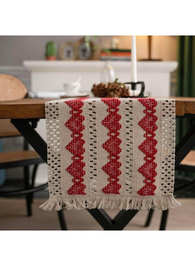 Luckam Boho Table Runner, Rustic Burlap Cotton Woven Design with Braided Heart Pattern and Tassels for Farmhouse Kitchen, Dining, Wedding and Holiday Decor, for Home and Party Decor, 12x72 Inches - Image 2