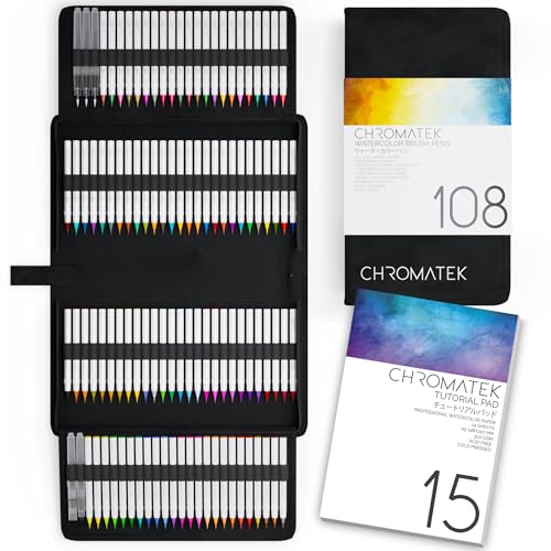 CHROMATEK 108 Watercolor Pens Set | Including 15 Page Pad & Online Video Tutorial Series | 5 Aquapens & 100 Unique Colors | Real Brush Pens | Easily Blendable, Vivid and Smooth - Image 1