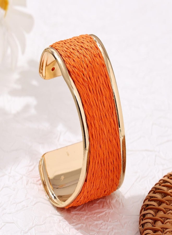 JHWZAIY Raffia Colorful Chunky Cuff Bracelet For Women Statement Irregular Wave Vacation Tropical Beachy Spring Summer Wide Open Bangle Handmade Boho Costume Jewelry Accessories (Orange) - Image 3