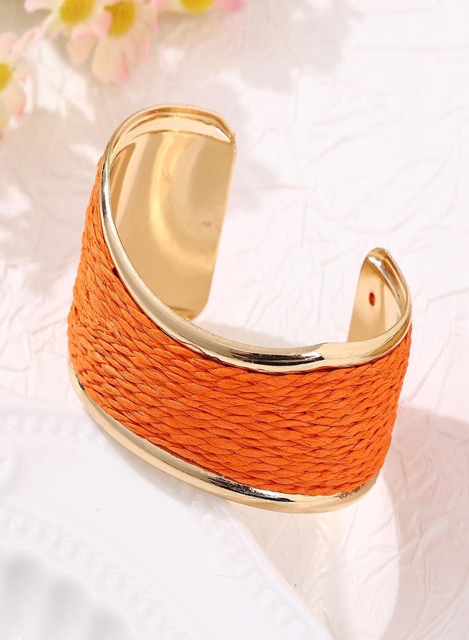 JHWZAIY Raffia Colorful Chunky Cuff Bracelet For Women Statement Irregular Wave Vacation Tropical Beachy Spring Summer Wide Open Bangle Handmade Boho Costume Jewelry Accessories (Orange) - Image 4