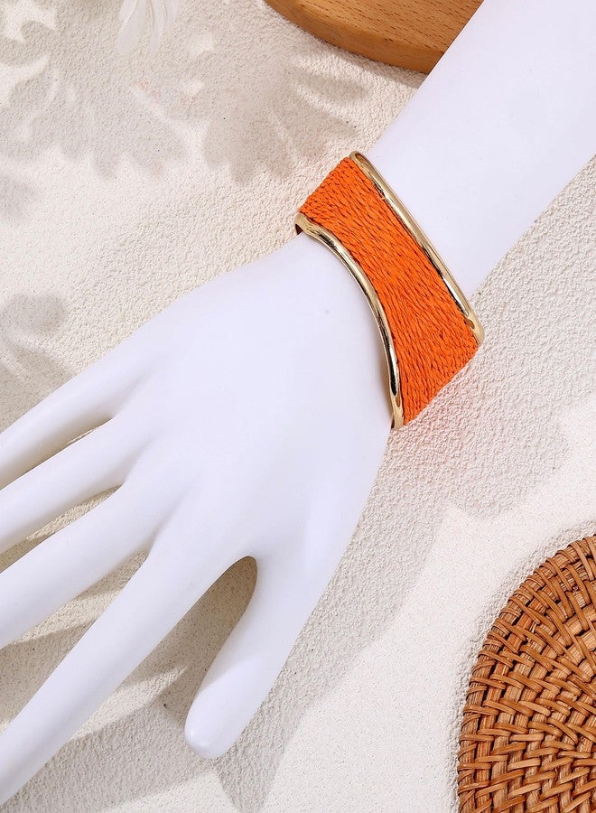 JHWZAIY Raffia Colorful Chunky Cuff Bracelet For Women Statement Irregular Wave Vacation Tropical Beachy Spring Summer Wide Open Bangle Handmade Boho Costume Jewelry Accessories (Orange) - Image 5