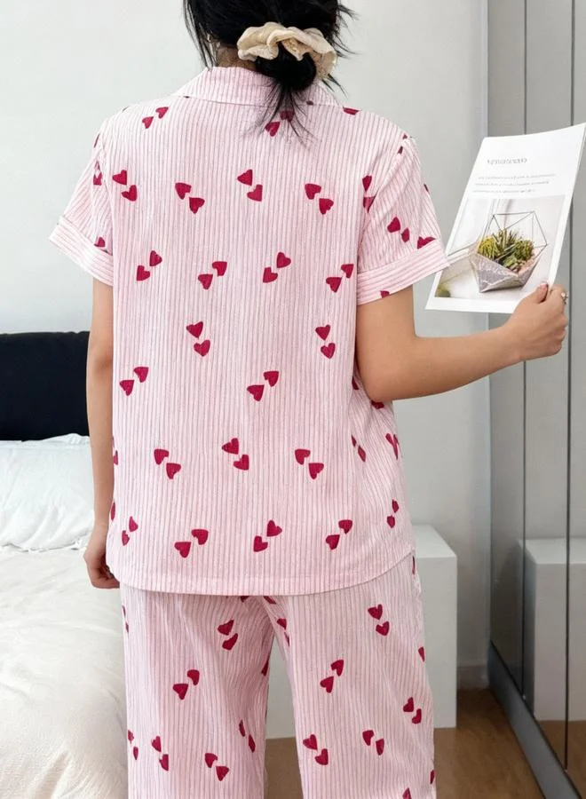 تايك تو Heart Print Collared Short Sleeve Pajama Set