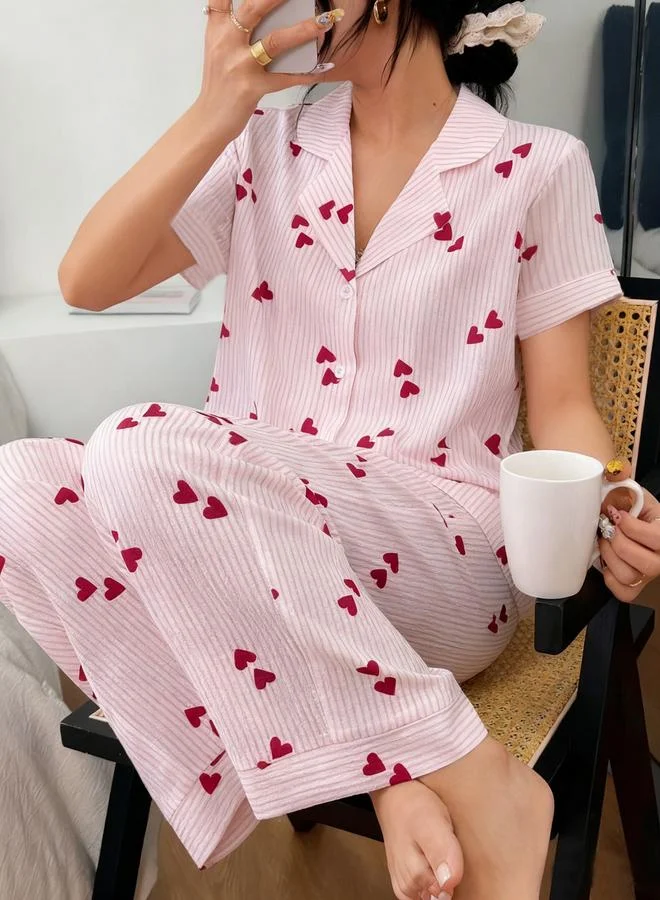 تايك تو Heart Print Collared Short Sleeve Pajama Set