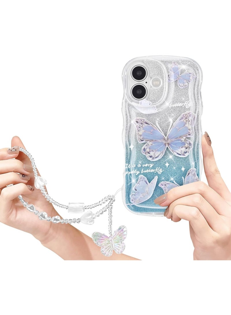 X-level iPhone 16 Case Cover Butterfly Pattern with Camera Len Protector Beaded Lanyard Wrist Anti-drop Strap for Women Girls,Soft TPU Full Protective Cover Back Comfortable Touch Feeling Accessory - Image 1