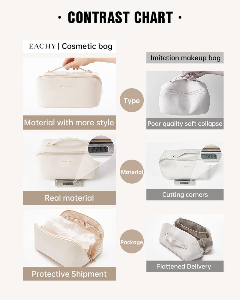 EACHY Travel Makeup Bag, Large Capacity Cosmetic Bags for Women, Waterproof Portable Open Flat Toiletry Bag Make up Bag with Divider and Handle, Gifts for Women (White, Medium) - Image 4