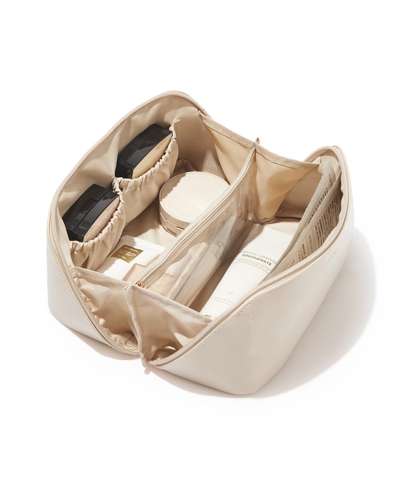 EACHY Travel Makeup Bag, Large Capacity Cosmetic Bags for Women, Waterproof Portable Open Flat Toiletry Bag Make up Bag with Divider and Handle, Gifts for Women (White, Medium) - Image 1