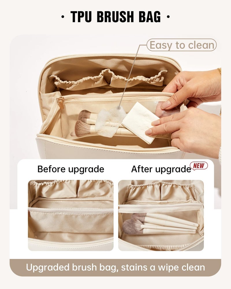 EACHY Travel Makeup Bag, Large Capacity Cosmetic Bags for Women, Waterproof Portable Open Flat Toiletry Bag Make up Bag with Divider and Handle, Gifts for Women (White, Medium) - Image 3