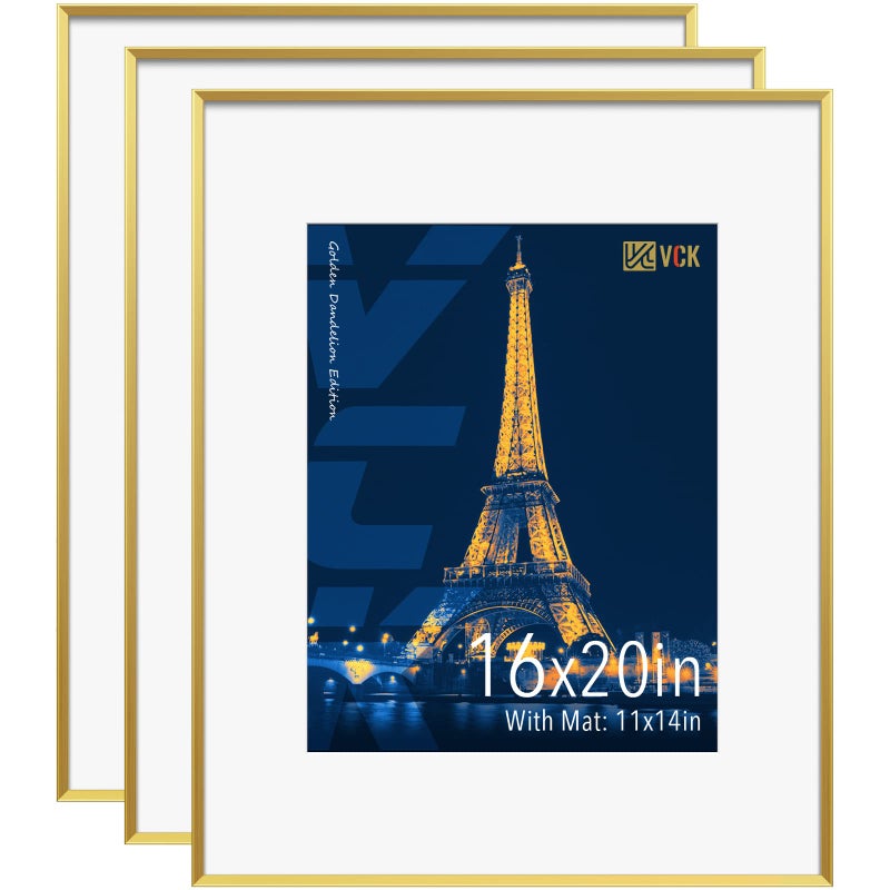 VCK 16x20 Aluminum Picture Frames Gold for Wall 3 Pack Metal Poster Frame with Real Tempered Glass High Definition For Photo 11x14 with Mat 16x20 without Mat